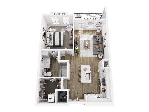 Floor plan for 1 bed, 1 bath, 743 sqft